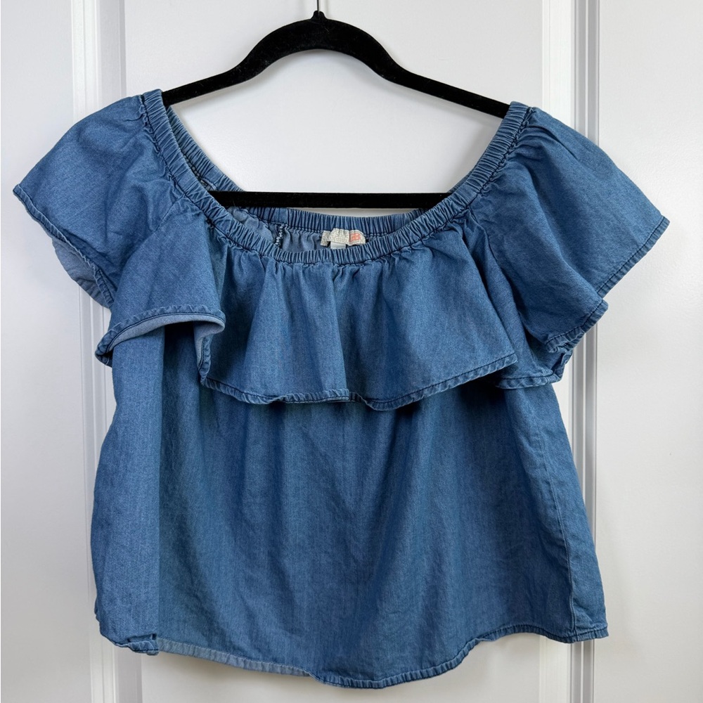 GB Girls Denim Blue Ruffle Blouse
